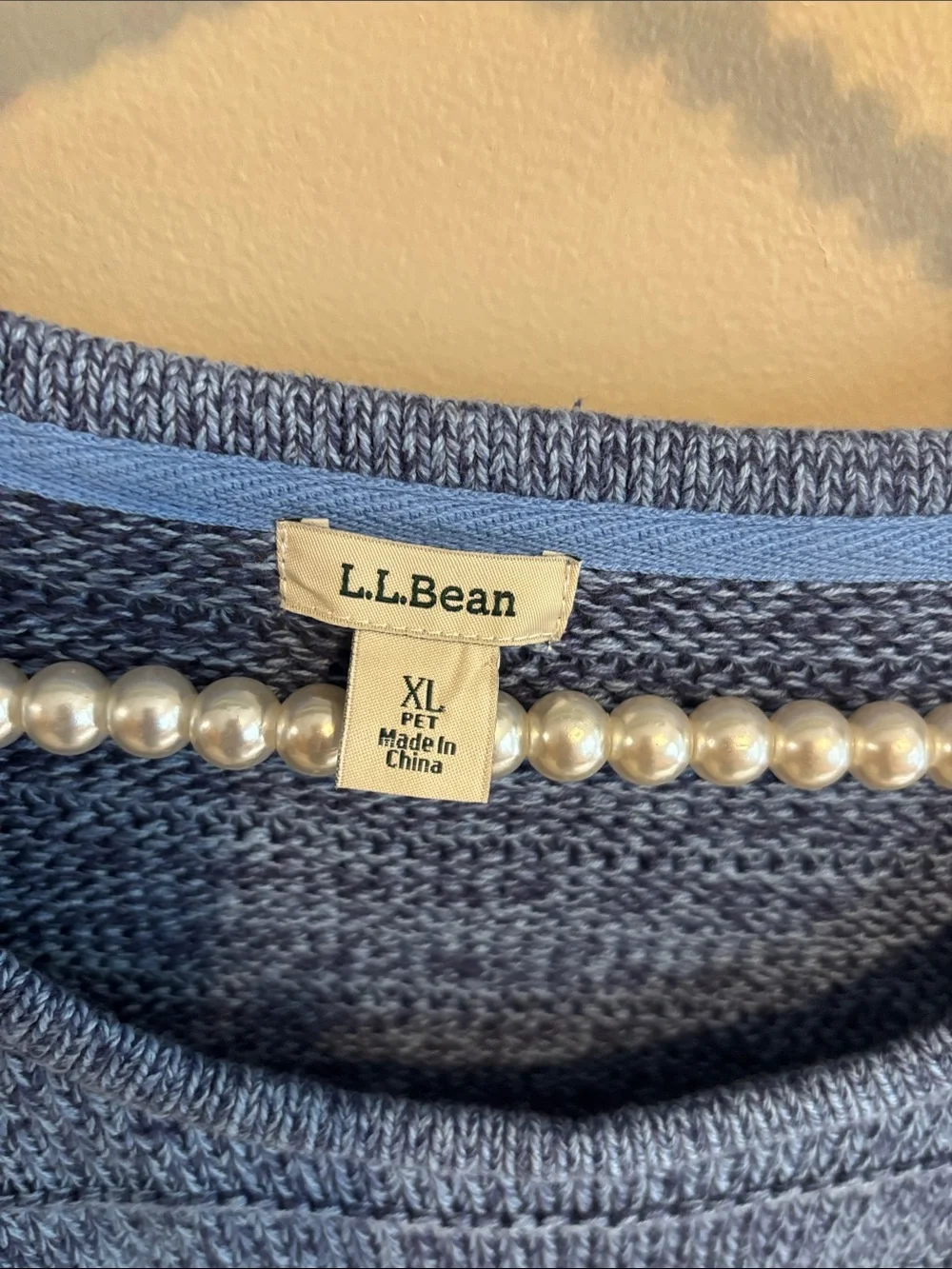 LL Bean Sweater Womens XL Petite Blue Marled 100% Cotton Scoop Neck Pullover